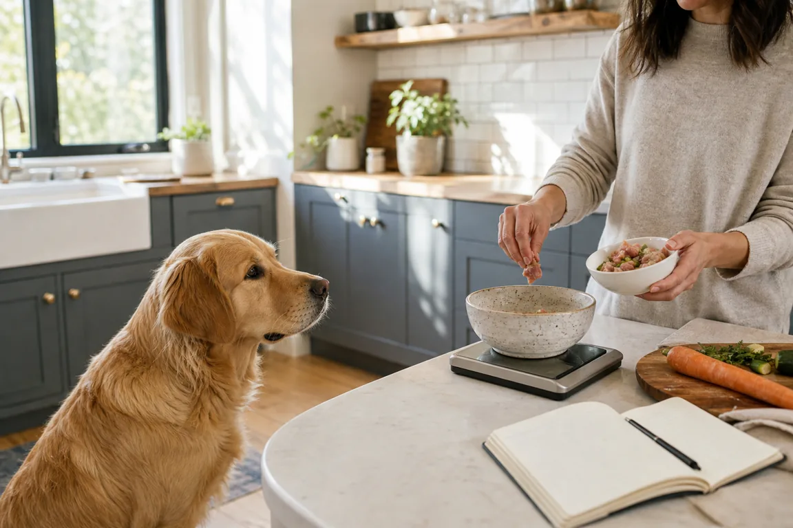 A golden retriever beside a food bowl while an owner prepares a fresh-food portion on a kitchen scale